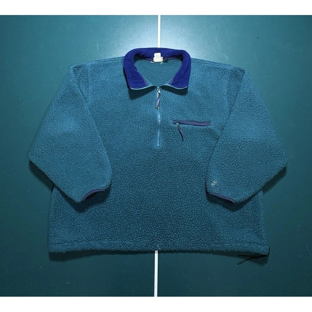 Vintage 90s LL Bean Deep Pile Fleece Pullover Men's XL Blue Green Half Zip USA